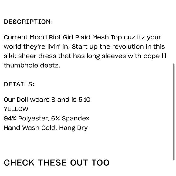 COPY - NWT Current Mood Sheer Yellow & Black plaid top with thumb holes SM doll… - Picture 9 of 9